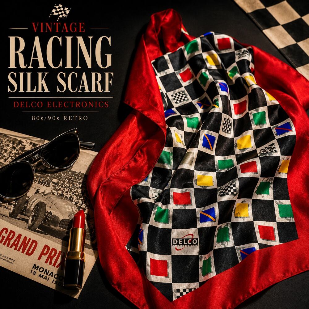 Vintage Delco Electronics Racing Silk Scarf 80s 90s Checkered Retro Statement